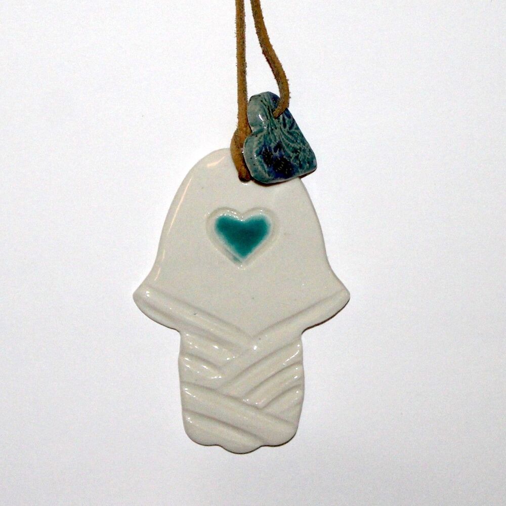 Hamsa Wall Ornament white ceramic Studio pottery blue heart boho decor